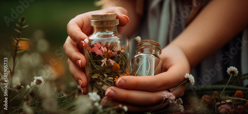 woman hands in the garden with medicinal herbs and herbal tinctures in bottles. Generative AI,