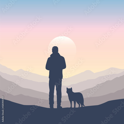 man with dog on mountain landscape at sunrise