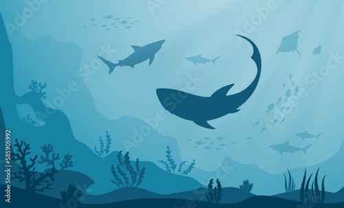 Fototapeta Naklejka Na Ścianę i Meble -  Underwater seascape. Silhouettes of sea fish, sharks, corals and algae on blue water background. Ocean life, marine nature, flora and fauna. Vector illustration