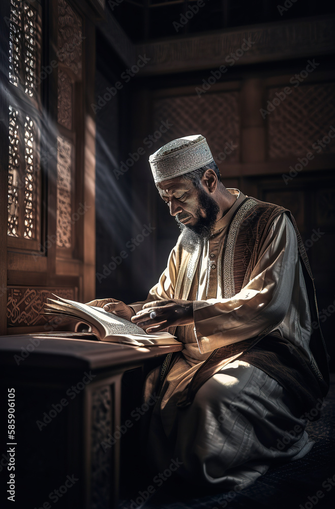 Generative AI illustration of a Muslim man reading the Quran in the mosque with light coming through a window with a feeling of spiritual peace. Generative AI illustration of a Muslim man reading the Quran in the mosque with light coming through a window with a feeling of spiritual peace.