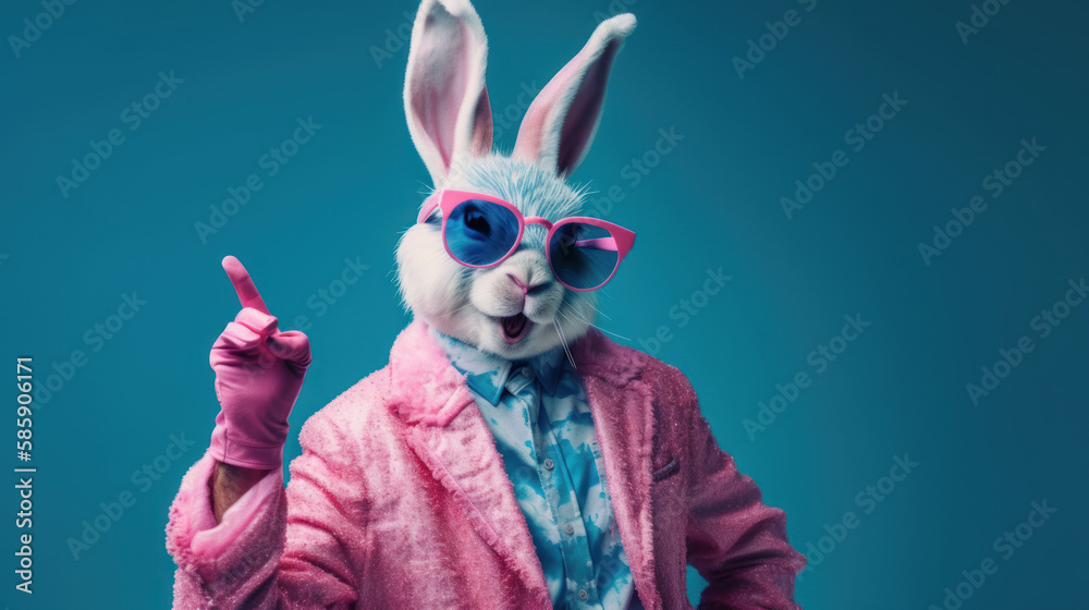 Cool easter bunny with sunglasses on colorful background celebrate promotion easter party. GENERATIVE AI