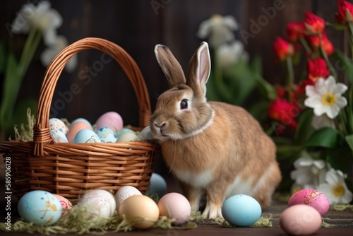 easter bunny and easter eggs in a basket, generative ai © tl6781