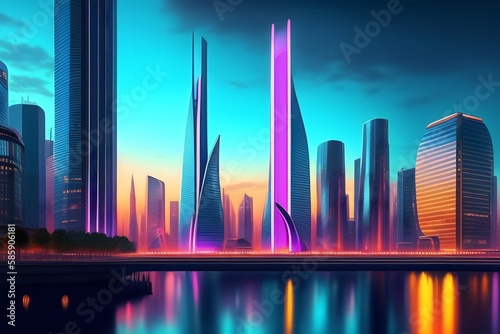 Rendering of The Neon City of Tomorrow. Generative AI. 