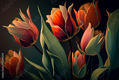 A colorful painting of tulips. Tulips background, Generative AI. 