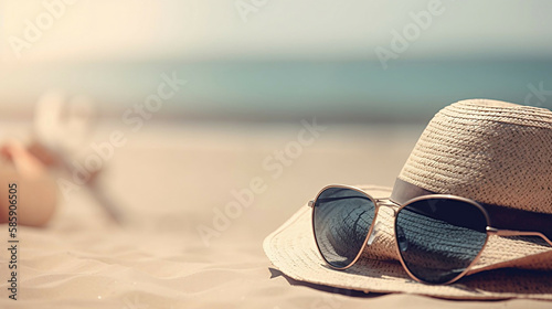 sunglasses and straw hat on the beach sand seashore travel vacation concept new quality stock image illustration desktop wallpaper design, Generative AI