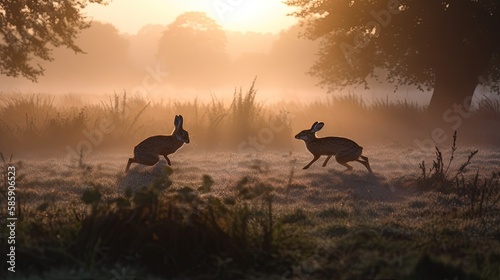 Rabbits getting ready to fight at a sunrise Generative AI