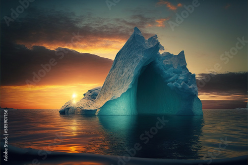 Ilustración de un iceberg flotando en el mar con la luz del atardecer. Generative AI 