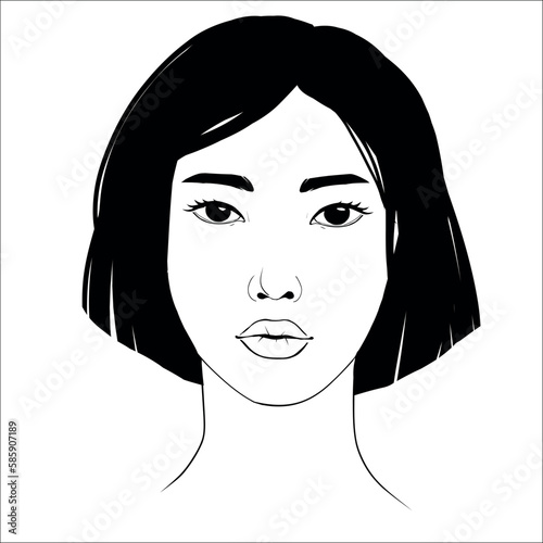 Vector portrait of beautiful asian woman in black and white. Gentle silhouette, fashion illustration