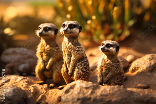 A family of adorable meerkats sunning themselves on a rocky outcropping photo