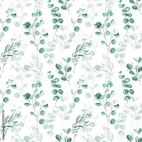 Seamless watercolor pattern with eucalyptus branches on white background. Can be used for wedding prints, gift wrapping paper, kitchen textile and fabric prints.
