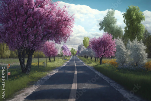 Road with blooming trees in spring 