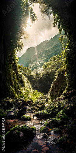 Scenic view of a tropical rainforest during sunrise in a misty atmosphere - portrait wallpaper - generative AI