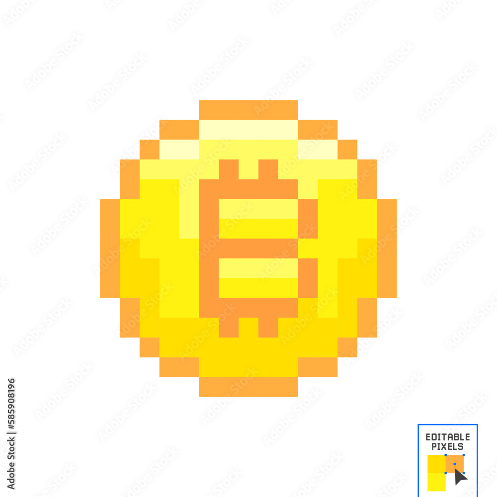 Pixel Art Bitcoin blockchain cryptocurrency gold coin icon - editable vector set. Crypto currency 8 bit game style. Coloring bitcoin icons set. Digital Cryptocurrency