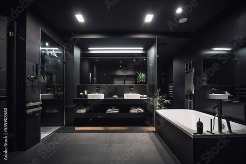 Dark moody bathroom interior  modern exclusive style  advertisement poster  generative ai