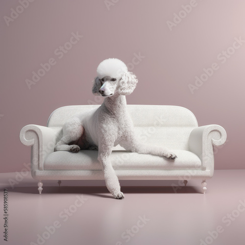 white king poodle dog sitting on a sofa