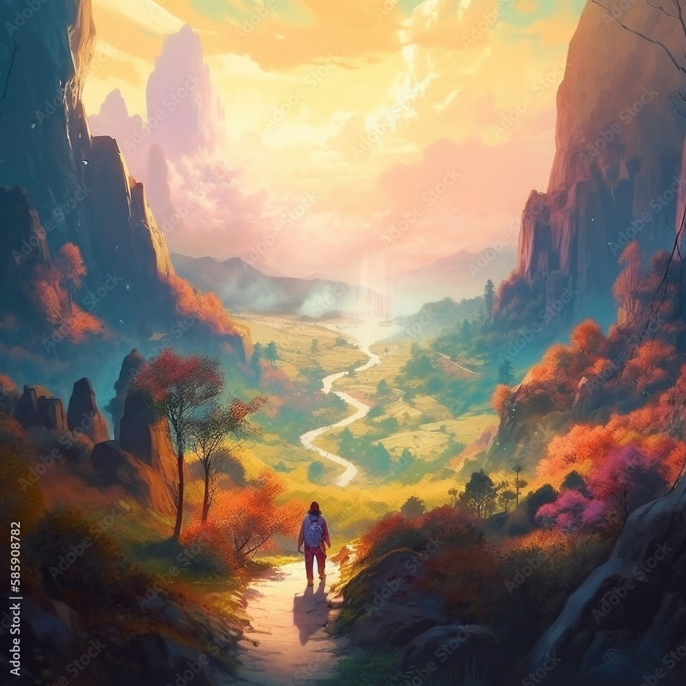 A man crosses a fairy-tale valley in the style of fantasy