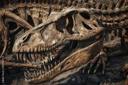 Dinosaur Fossil (Tyrannosaurus Rex) Found by Archaeologists. AI generated © yuliachupina