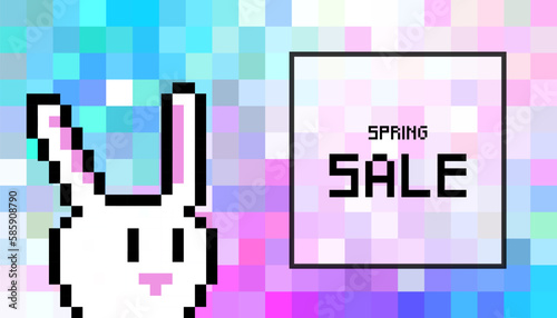 Big spring sale colorful banner with white Easter rabbit on mosaic background