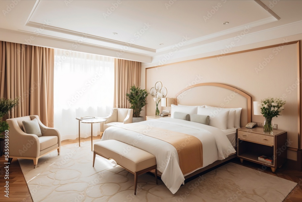 Fototapeta premium Hotel room. Modern cozy style. Big window. Generative AI.