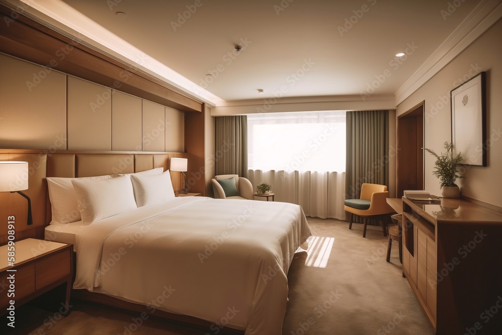 Fototapeta premium Hotel room. Modern cozy style. Big window. Generative AI.