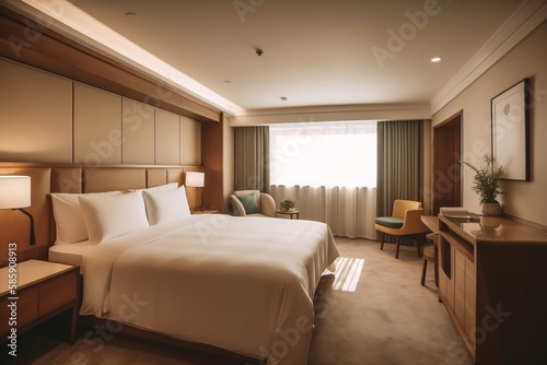Hotel room. Modern cozy style. Big window. Generative AI. © pawczar