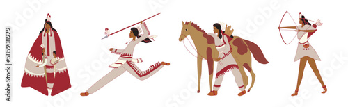 Red Indians Wearing National Clothing and Headdress with Feathers Vector Set