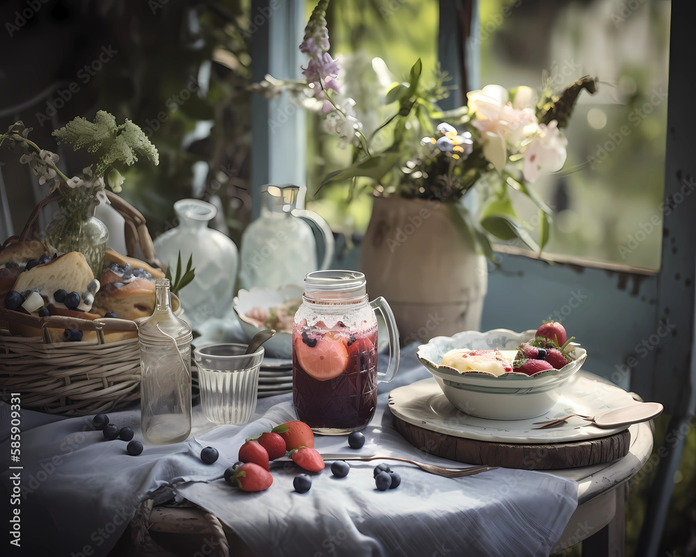 Tea time outdoor in the summer with strawberries lemonade and fruits, generative ai