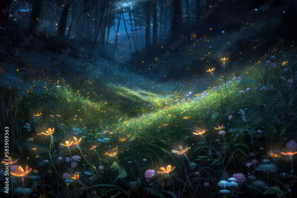 A moon garden in the night, with flowers and fireflies (created with Generative AI)