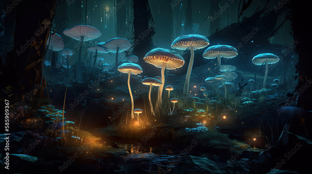 Obraz premium A mushroom forest in the dark, with fungi and spores (created with Generative AI)