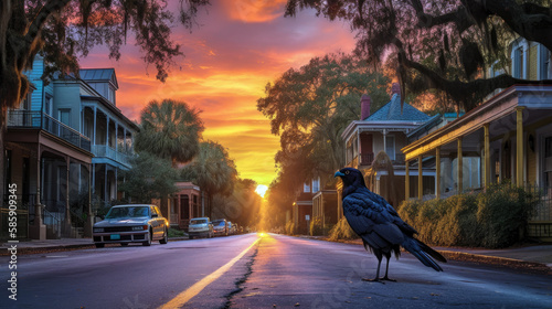 Bird stands on empty street , craw on the road , room for space (created with Generative AI)