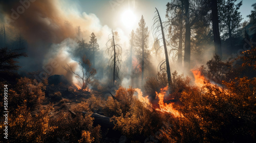 forest fire with flames and smoke, Climate Change and Environmental Issues (created with Generative AI)