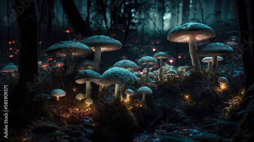 A mushroom forest in the dark, with fungi and spores (created with Generative AI)