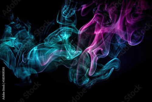 abstract neon pink blue smoke cloud texture, dark black background (created with Generative AI)