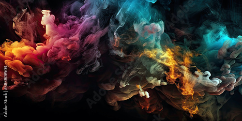 abstract neon colorful smoke cloud texture  dark black background  created with Generative AI 