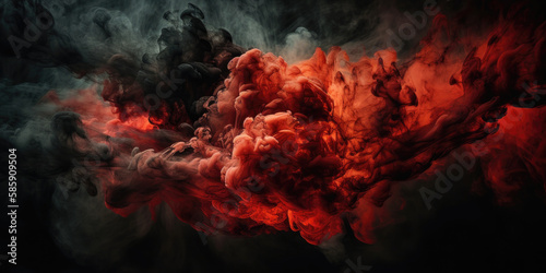 red cloud smoke texture, fire in the sky, black dark background (created with Generative AI)