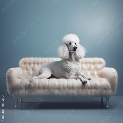 Portrait of a white king poodle on a couch photo