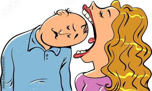 The woman opens her mouth violently and tries to eat the man head. The husband provides for all the needs of his wife. Family life.