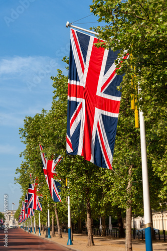 Photography Union Jack flags lining the Mall towards Buckingham Palace, London, UK