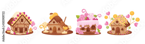 Sweet Candy House Made of Cookie Dough as Shaped Baked Confectionery Vector Set
