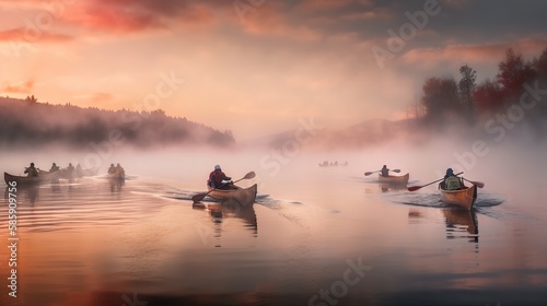 A scenic view of several canoe boats with travellers passing by, the long exposure creating polished water and flying pink and orange feather clouds in the sky. AI Generative. © Friedbert