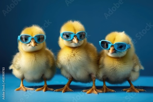 Three yellow chicks in blue sunglasses stand against a studio blue background. Cool chickens. Generative ai