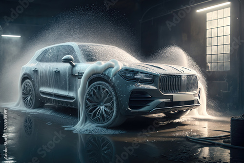 Car wash with foam. AI generated