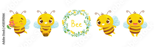 Cute Striped Bee Character with Honey Vector Set