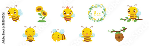 Cute Striped Bee Character with Honey Vector Set