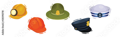 Professional Hats with Safety Helmet and Peaked Cap Vector Set