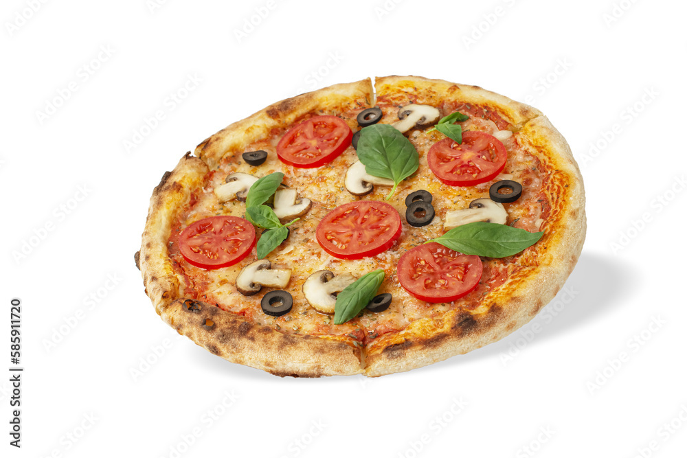 Pizza margherita with tomatoes and mushrooms on a white isolated background