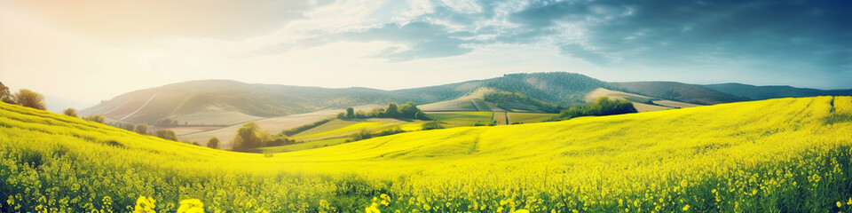 Foto auf Acrylglas Gelb Panoramic banner with rapeseed yellow flower field in mountains, AI generative panorama  © Friedbert