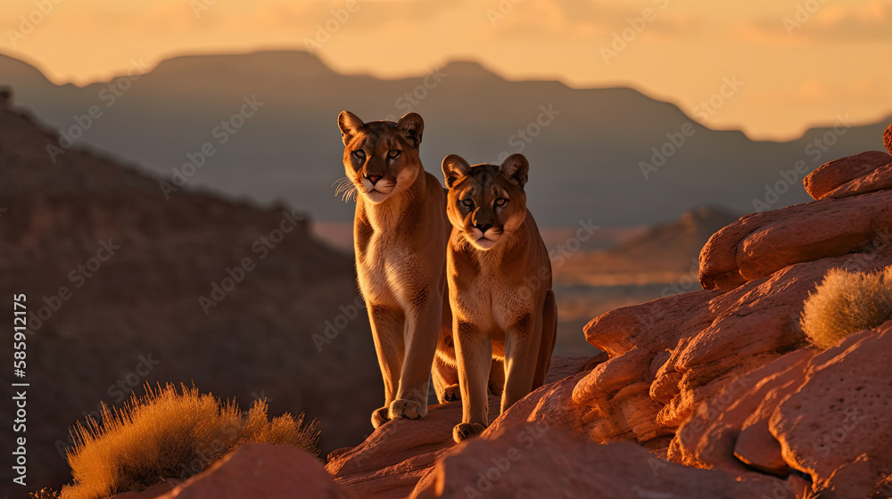 a cougar couple in the wild at sunset. Generative AI a cougar couple in the wild at sunset. Generative AI