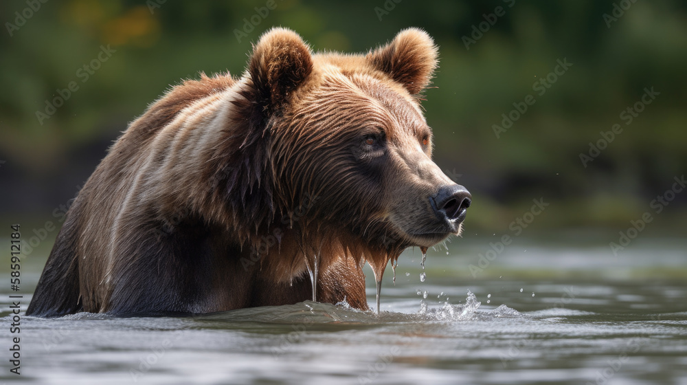 a grizzly bear hunts for fish in the water in the wild nature. Generative AI a grizzly bear hunts for fish in the water in the wild nature. Generative AI