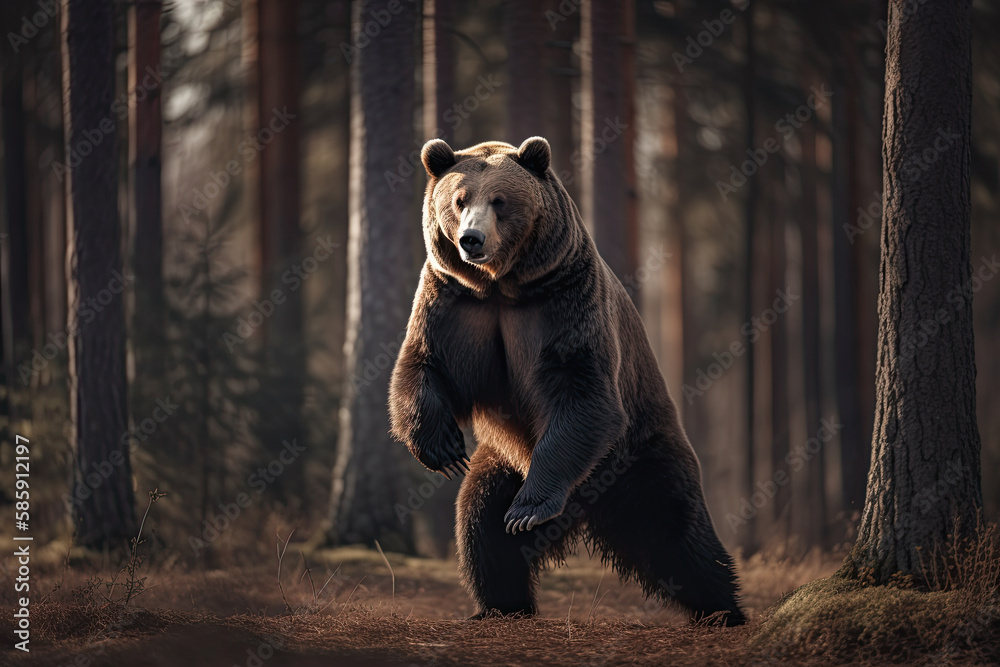 a grizzly bear in a wild forest. Generative AI